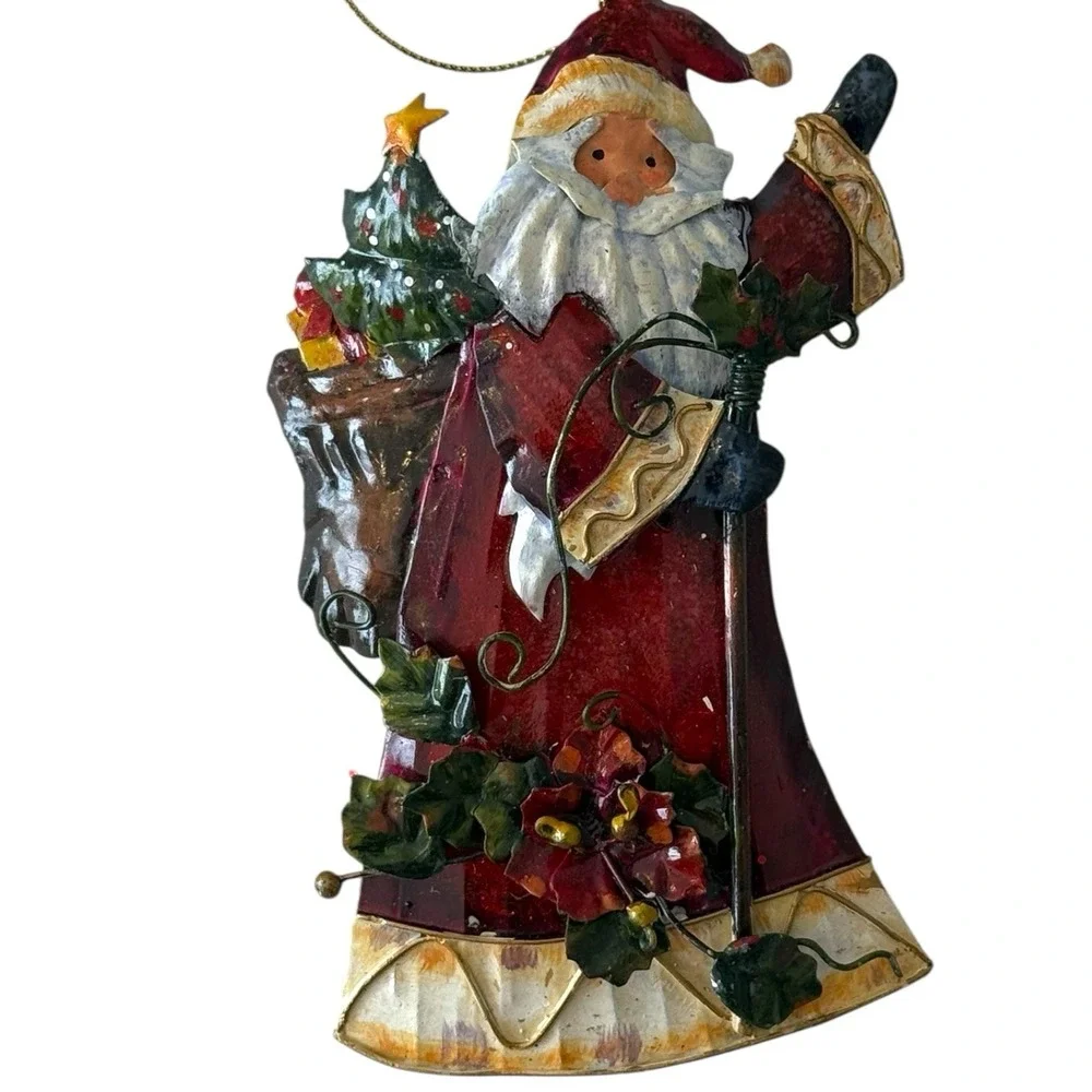 3 Rustic Metal Tin Country Santa Claus Christmas Ornaments 6'-8' EUC